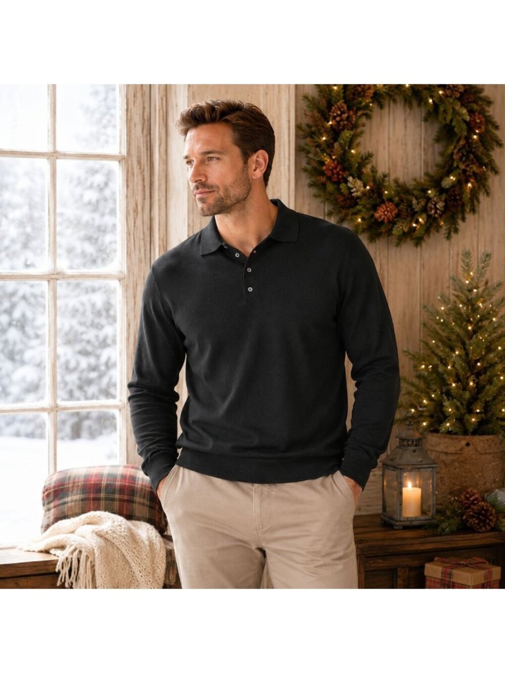 Mens XL Classic Black Long Sleeve 3-Button Polo Pullover Sweater Minimalist